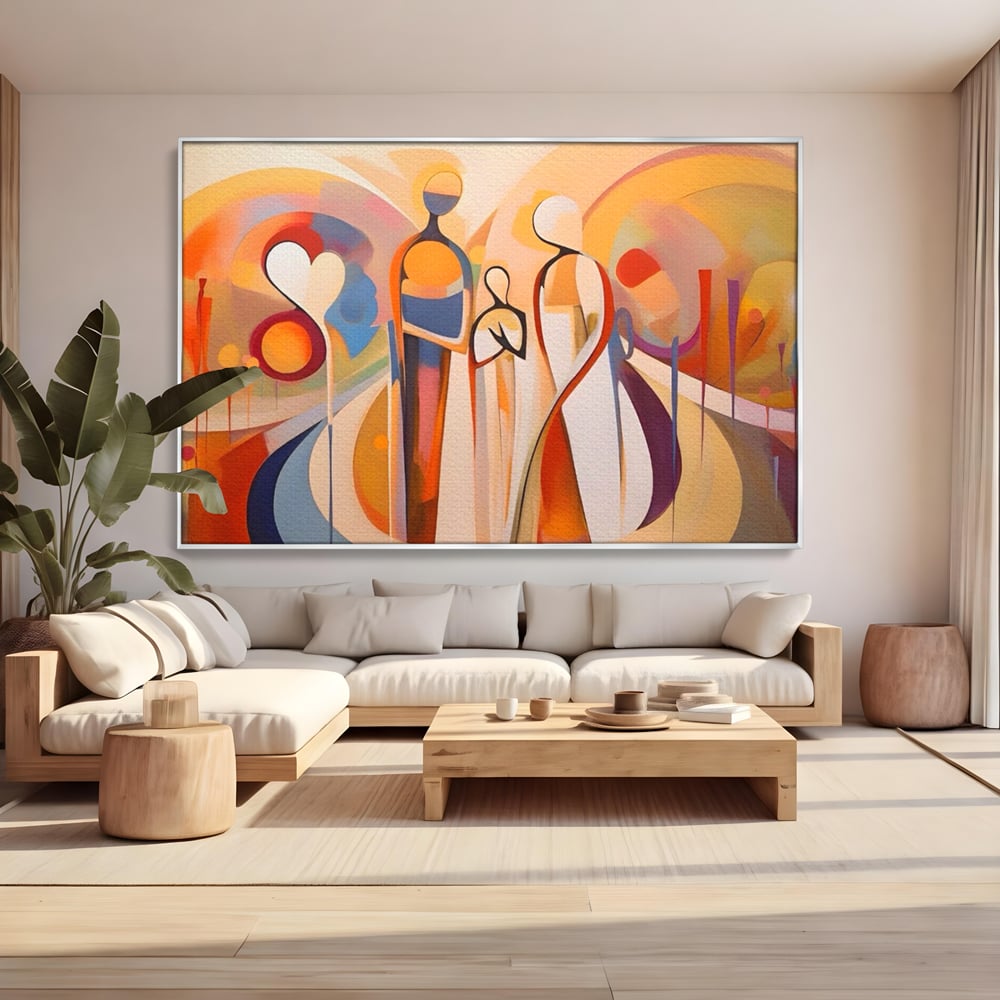 Tablou canvas cu tablou canvas cu familie abstracta, in rama de aluminiu argintiu, pe perete intr-un living